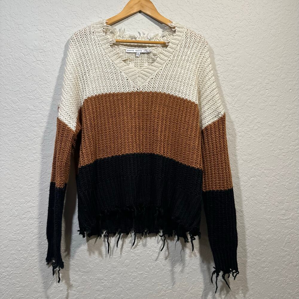HYFVE🌿Colorblock Distressed Hem Knit Sweater Women’s Size Large Raw Hem Sweater